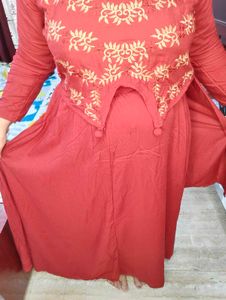 Rust Embroidered 2 Pcs Dress For Karwachauth
