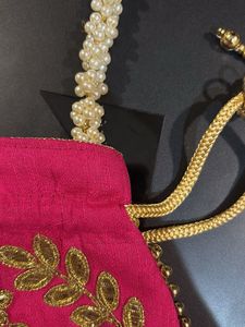 Hot Pink Potli Bag With Pearl Handle