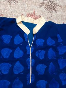 Blue &amp; Gold Leaf Print Kurti