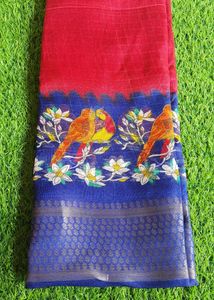 Red & Blue Bird Print Saree