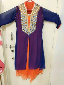 Orange And Blue Colour Kurti With Jacket
