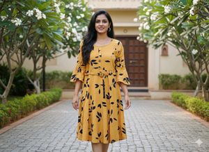 Mustard Leaf Print Belted Dress
