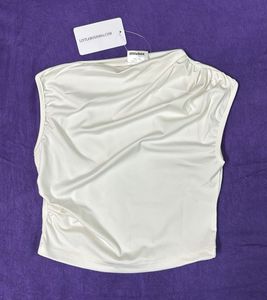 High Neck RuchedSleeveless White Crop Top