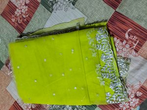 Elegant Chartreuse Saree with Gold Embellishments