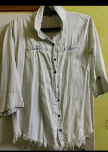 Frayed Hem Denim Button-Up Shirt