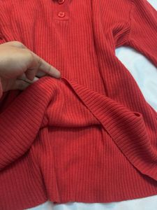 Red Ribbed Knit Polo Top