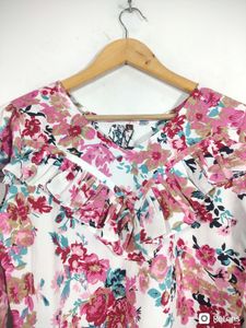 White Floral Print Bell Puff Sleeves Top (Women&#39;s)