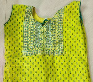 Yellow & Green Embroidered Kurta
