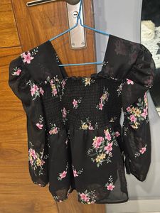 Cute Flowers Black Peplum Top For Women.