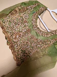 💚lime green satin heavy hand work blouse