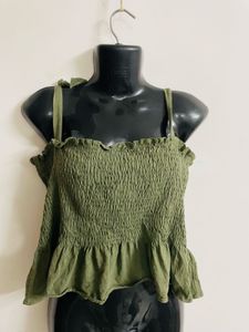 Olive Green Smocked Crop Top