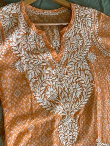 Soft Mulmul Cotton Chikankari Orange Kurti