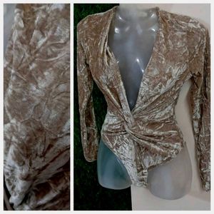 Champagne Plunging Neck Crushed Velvet Bodysuit