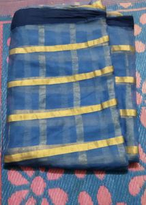 Blue Saree With Golden lines