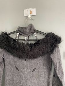 Gray Mini Dress with Faux Fur Collar