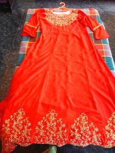Red &amp; Gold Embroidered Anarkali Dress
