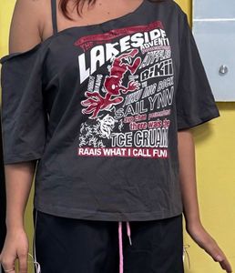Dark grey Asymmetrical Neck Graphic Top