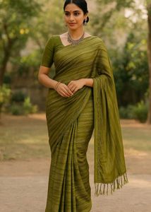 Olive Green Striped Saree
