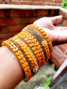 Mustard Yellow &amp; Gold Beaded Bangles