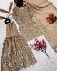 Elegant Beige Embroidered Kurta Set