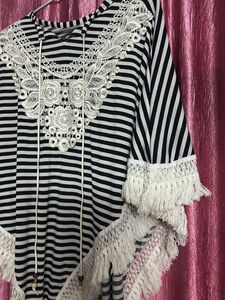 Striped Poncho with Lace Details