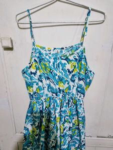 Sky Blue And Green Floral Print Dress