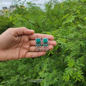 Silver Oxidised Earrings With Green Stones