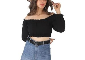Solid Pattern Off Shoulder Black Crop Top
