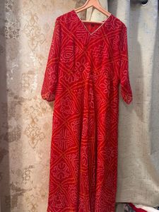 Red Bandhani Print Full Size Gown, Bust- 40/42