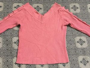Pink Ribbed V-Neck Top