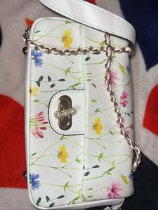 White Floral Printed PU Structured Sling Bag