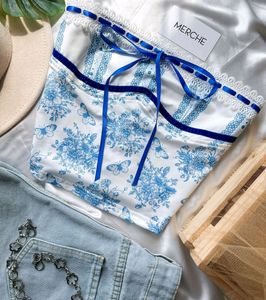 Blue Floral Embroidery Corset Top