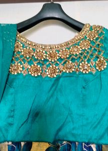 Elegant Teal &amp; Gold Anarkali Dress
