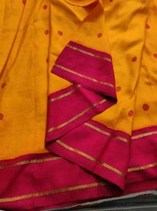 Yellow &amp; maroon red pure Silk Saree
