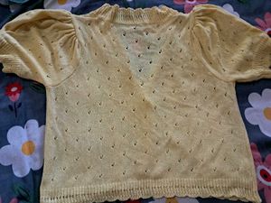 Dainty Yellow Knit Cardigan | Puff Sleeve Top