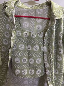 Green Printed Tank Top And Shirt Set
