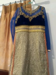 Velvet Karachi Gown ..heavy Work On Neck Double Layered Top Pant N Dupatta