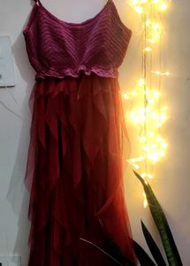 Maroon Crochet Top Tulle Dress