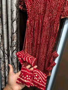 Red Printed Bhandni kurta with tussel