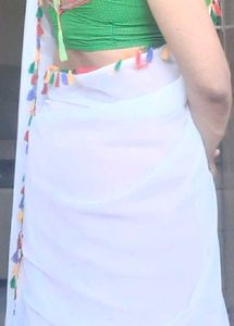 White Saree with multi coloured boarder