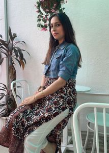 Floral Print Kurti with Denim Jacket