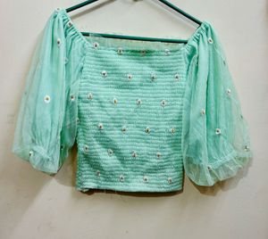 Women Green Floral Cute Top