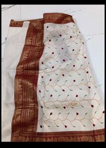 Elegant White &amp; Red Embroidered Saree