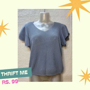 Blue V-Neck Flutter Sleeve Top