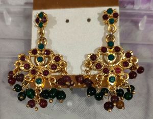 Traditional Wear Earrings With Red And Green Stone