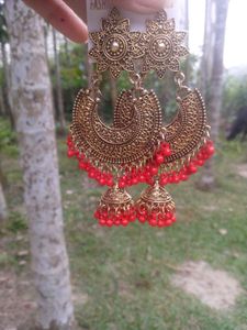 Statement Gold &amp; Red Jhumka Earrings