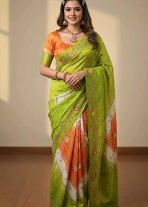 Vibrant Green & Orange Ethnic Saree