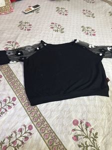 Elegant Black Top With Floral Embroidery Wit Net