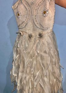 White Party Wear Designer Dress with Beads &amp; Flora