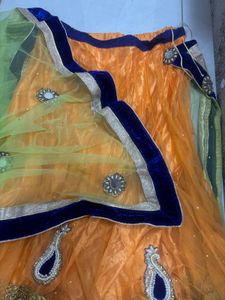 Vibrant Golden Blouse &amp; Green Orange Ethnic Set